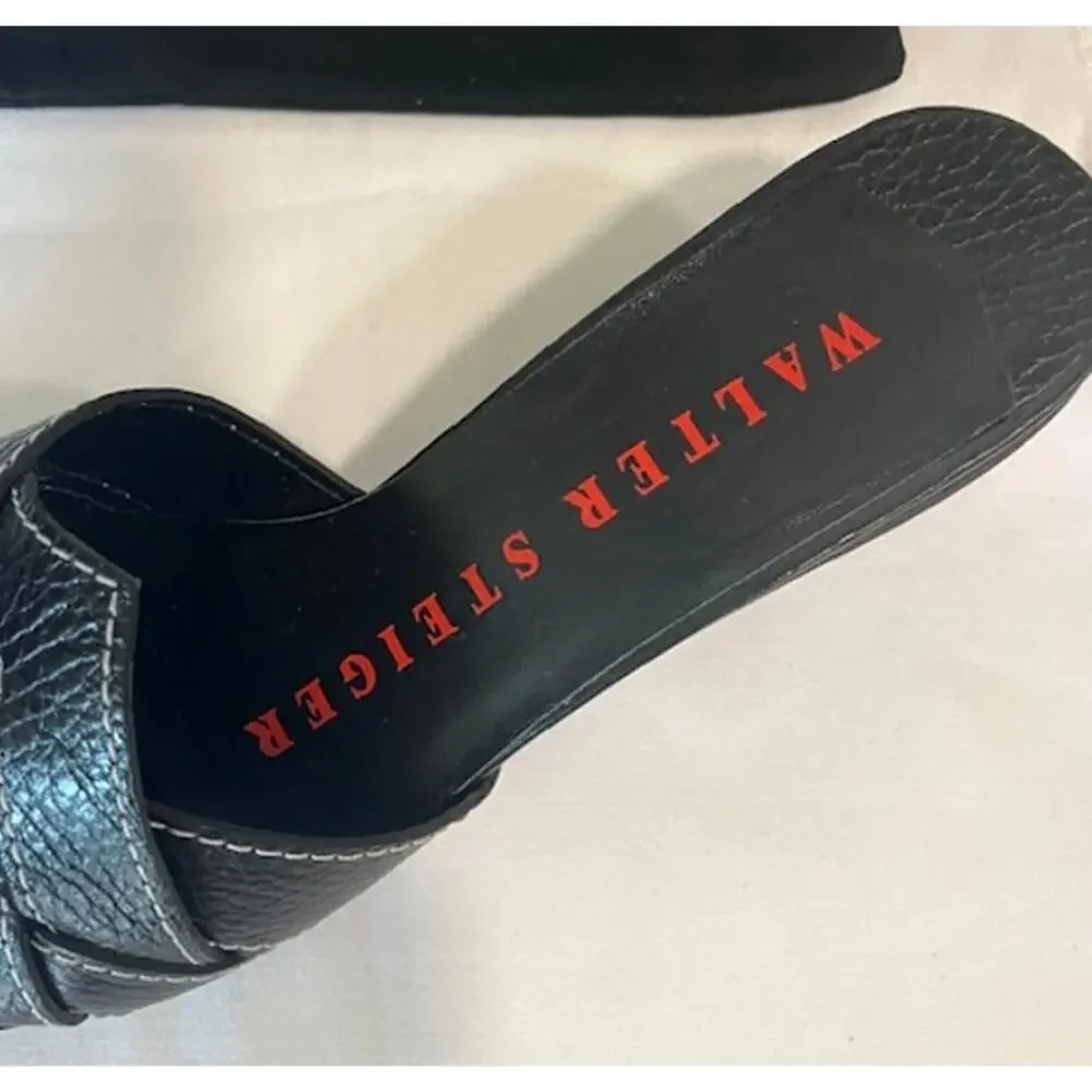 Walter Steiger Black Leather Pointed-Toe Woven Mules